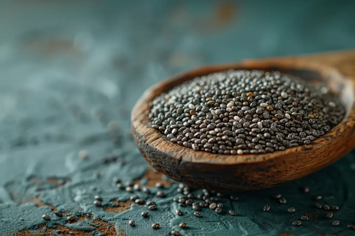 Photo des graines de chia noires et blanches sur une cuillère en bois