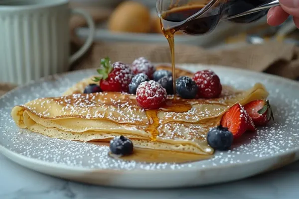 Photo d'une crêpe prête à être mangée avec quelques framboises et myrtilles