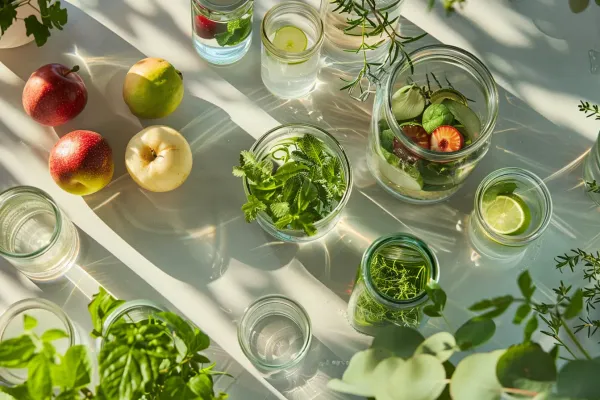 Fruits frais, herbes aromatiques et bocaux en verre remplis d’eau sur une table ensoleillée - méthodes naturelles de conservation des aliments à la maison